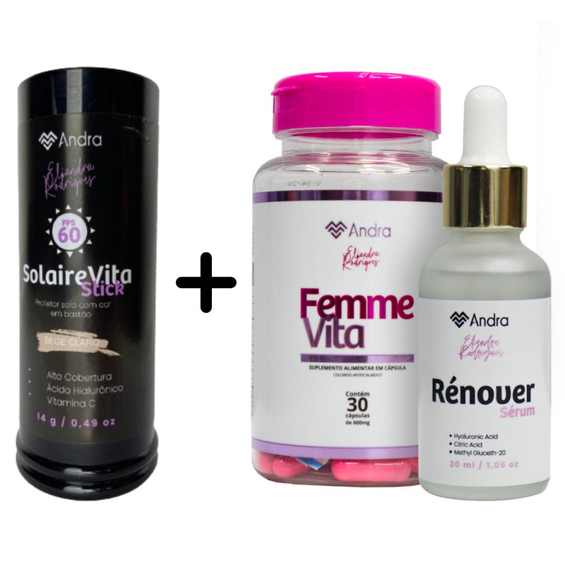 KIT SKIN CARE ANDRA - RÉNOVER+SOLAIRE E FEMME VITA (GRÁTIS)